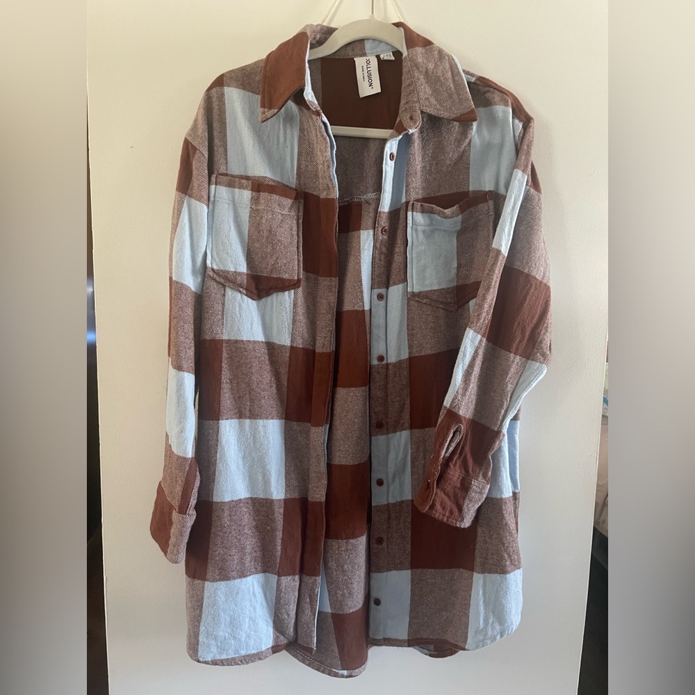 COLLUSION Brushed Check Mini Shirt Dress in Brown and Blue